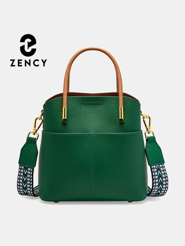 Zency Genuine Leather Top Quality Bucket Bag for Women Versatile Handbag Leather Tote Bag Green Crossbody Shopper Bags