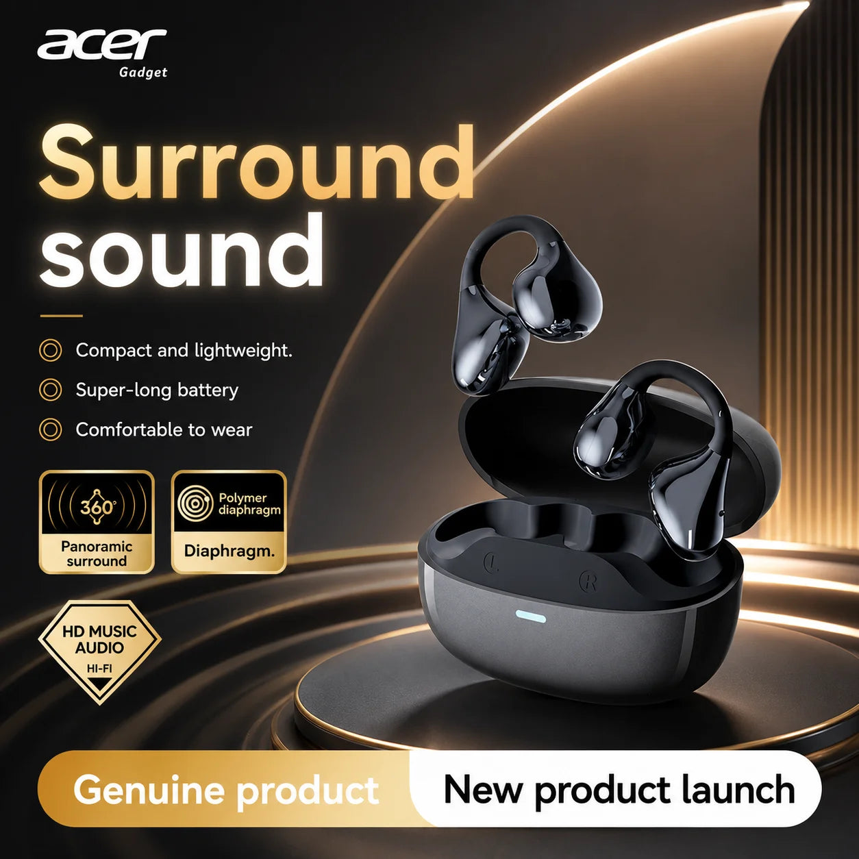 Acer OHR629 Open Ear Clip Headphones Comfortable Wear Hi-Res Audio Wireless Bluetooth 5.3 Earbuds with Mic
