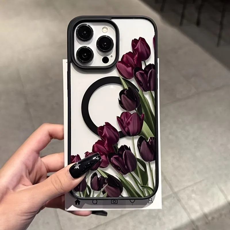 Dark Purple Tulip Magnetic Phone Case For iPhone 18 17 16 15 14 12 11 Pro XS Max XR Air X 16e 17e Clear Magsafe Cover