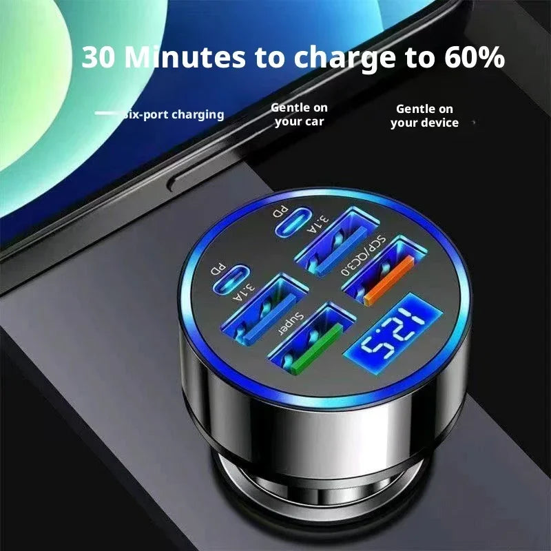 Fast Car Charger 6USB Ports Digital Display LED Cigarette Lighter Adapter Multi-Port Quick Charge For iPhone Samsung Xiaomi