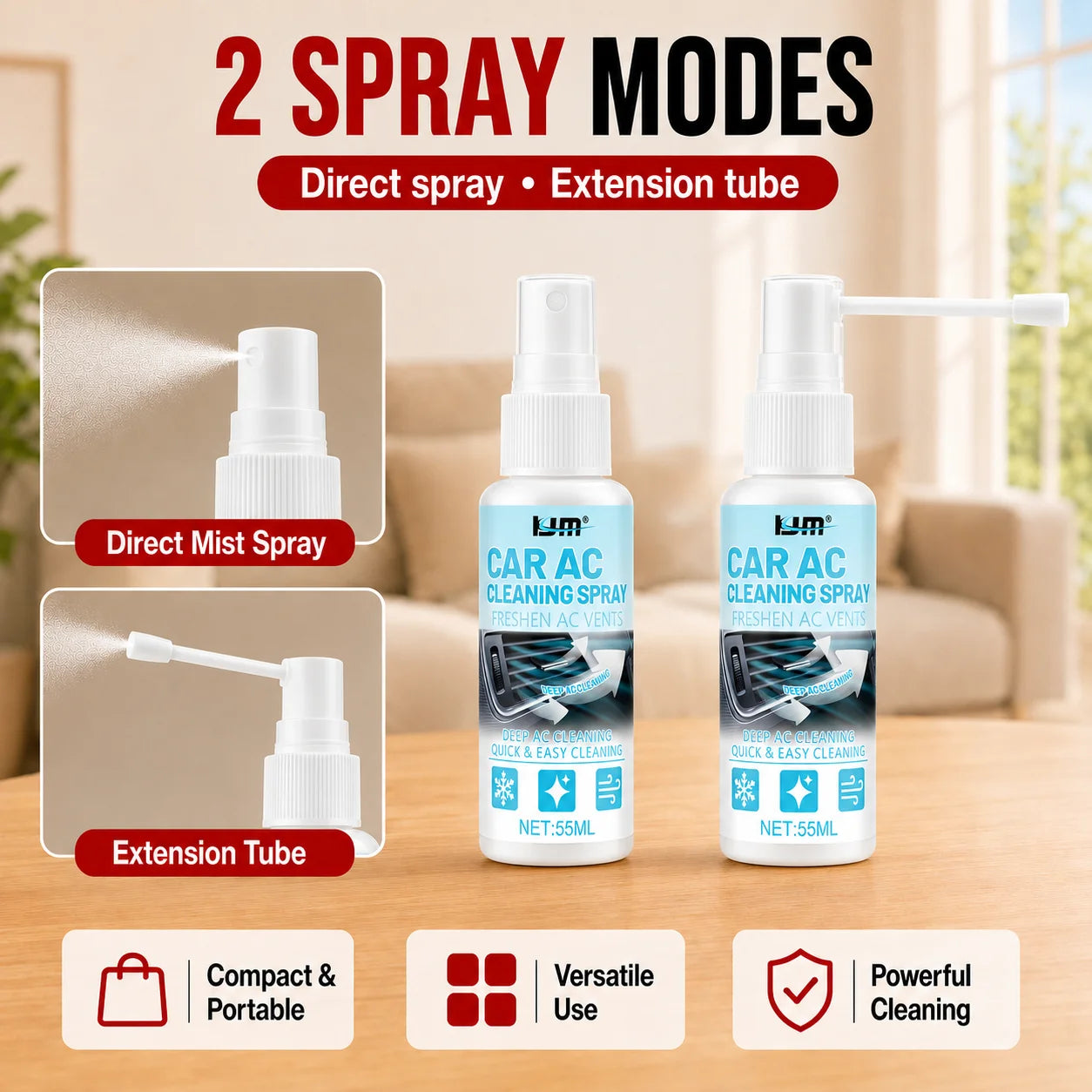 KJM Car AC Vent Cleaner Spray Dual Spray Nozzle Freshening Formula Dust Odor Remover Deep Clean For Vehicle Air Conditioner