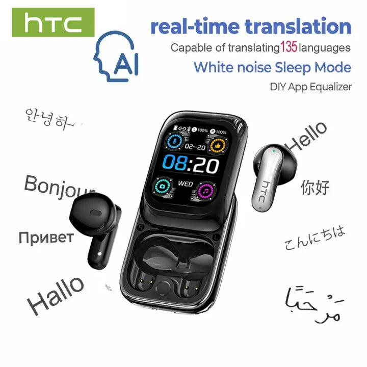 HTC NE48 TWS Wireless Earbuds AI Translation 2K HD Touchscreen Bluetooth 6.0 IPX5 ENC Noise Cancelling Sports Headphone