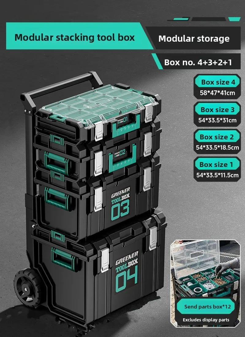 Toolbox hardware storage box, large capacity combination stacking box, pull rod industrial grade new set, hand-held toolbox