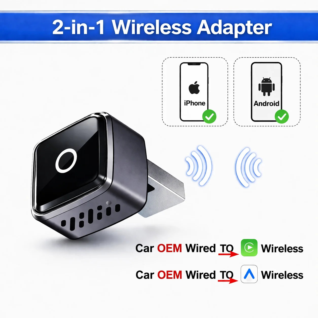 2 IN 1 Wireless CarPlay Android Auto Dongle Adapter ,Fast Auto-Connect,Compact Plug & Play for iPhone/Android,USB/USB-C,No Delay