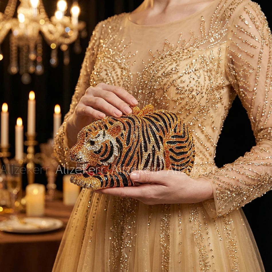 Tiger Crystal Evening Clutch Bags For Wedding Party New Metal Bling Rhinestone Novelty Purses And Handbags Luxury Designer