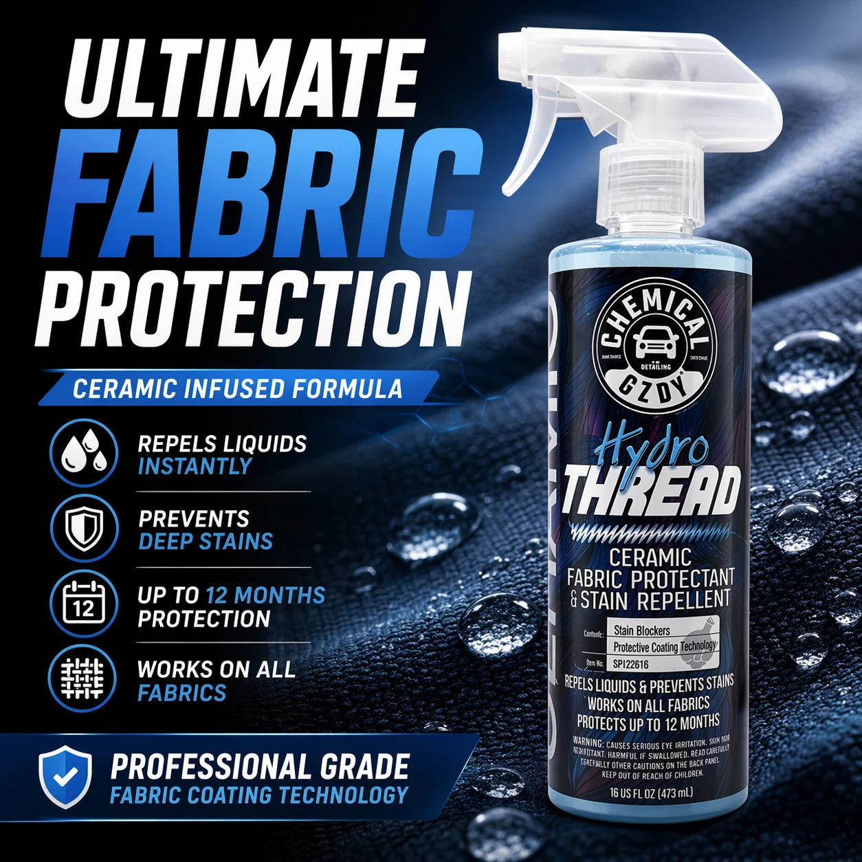 Hydrophobic Car Fabric Protector 473ml – Repels Liquids, Prevents Stains for Seats, Upholstery & Floor Mats