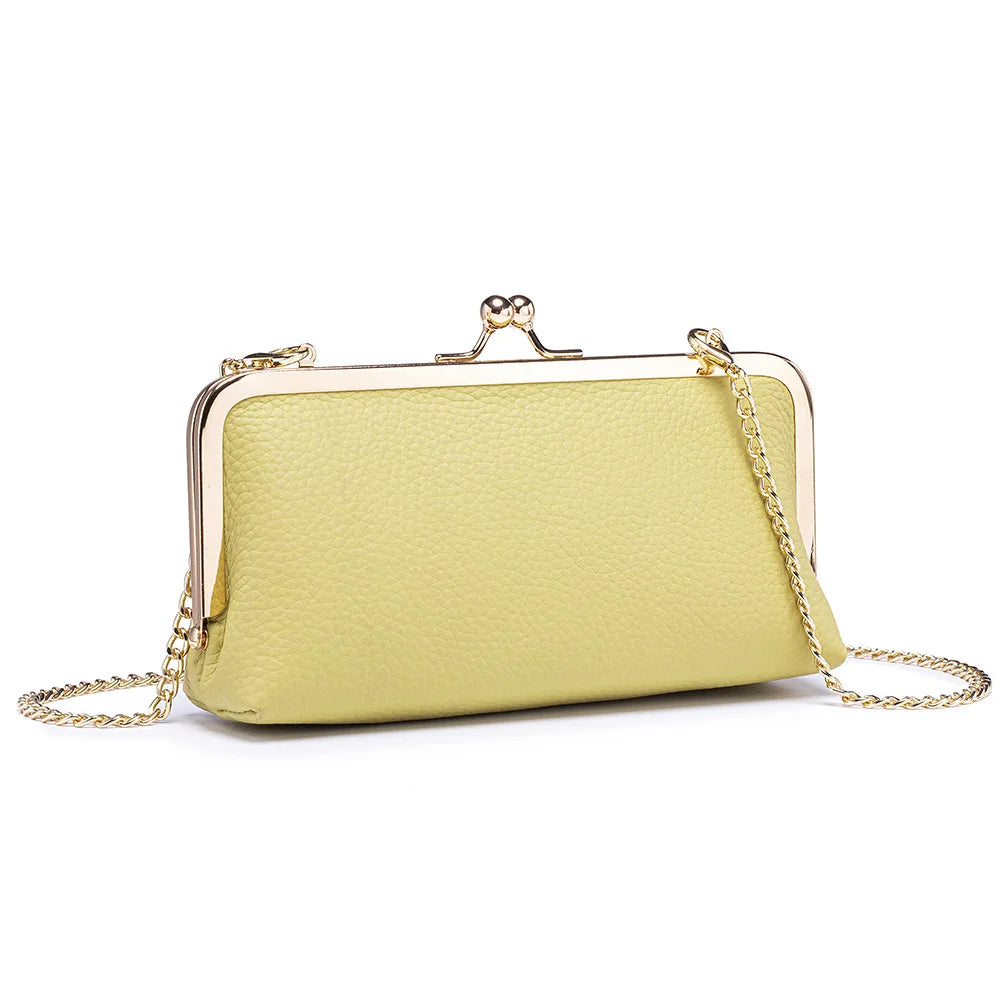 Women's Kiss Lock Clutch Bag, Top Grain Genuine Leather Wallet Large Capacity Travel Clutches with Detachable Chain Strap