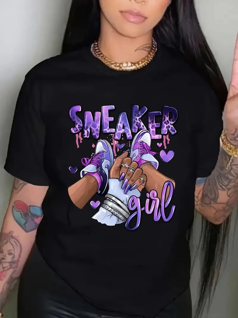 Plus Size Sneaker Girl Graphic Print T-shirt, Casual Short Sleeve Crew Neck Top, Women's Clothing