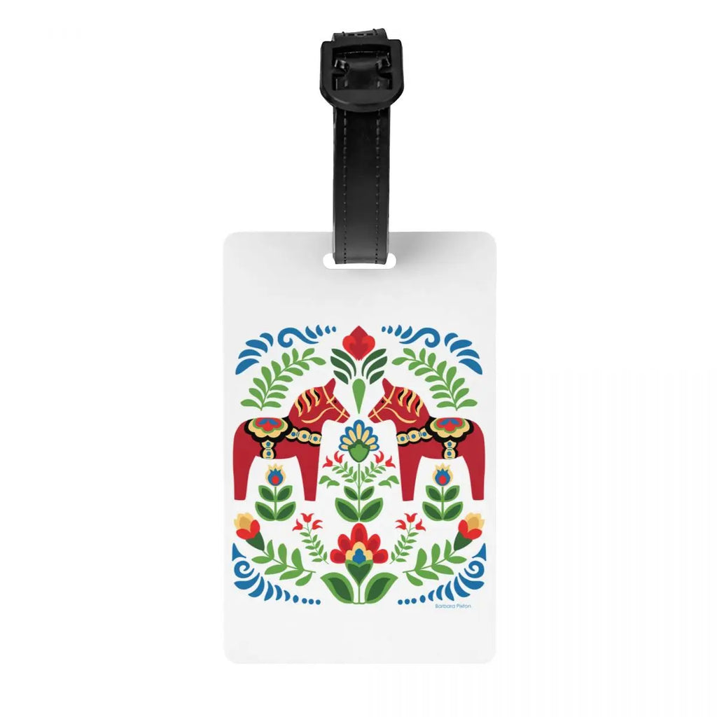 Custom Swedish Folk Cats Luggage Tag With Name Card Privacy Cover ID Label for Travel Bag Suitcase