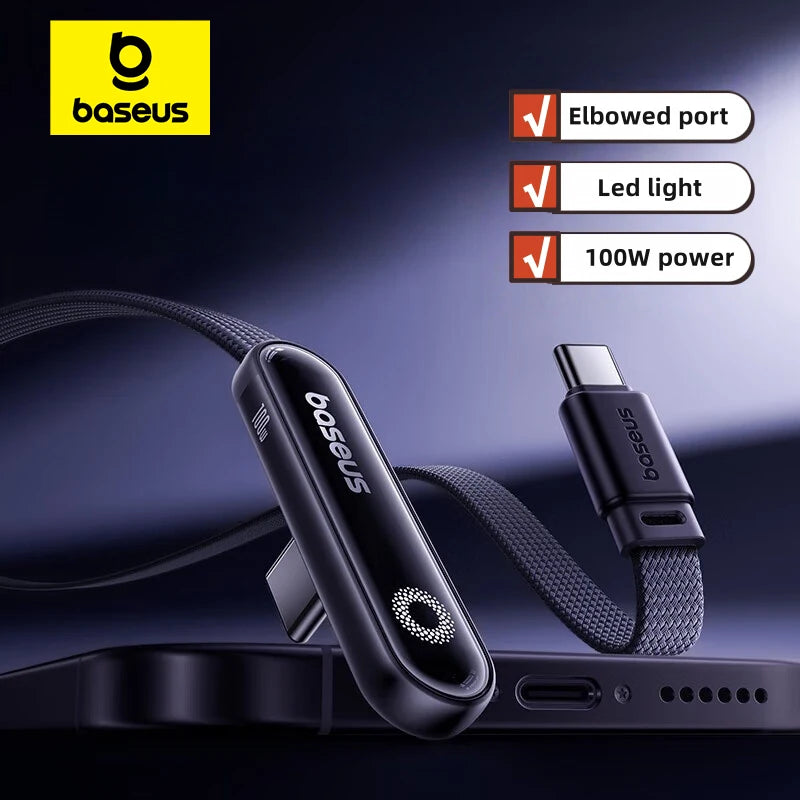 Baseus MVP3 Elbowed 100W USB C Cable For iPhone 16 15 Pro Max LED Light Type C Cable for Macbook Pro Xiaomi Samsung
