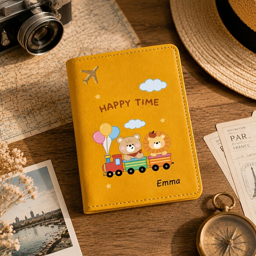 Custom Cute Cartoon Animal Bear-pattern Passport Cover with Custom Name, Text Passport Book Holder, Passport Protector