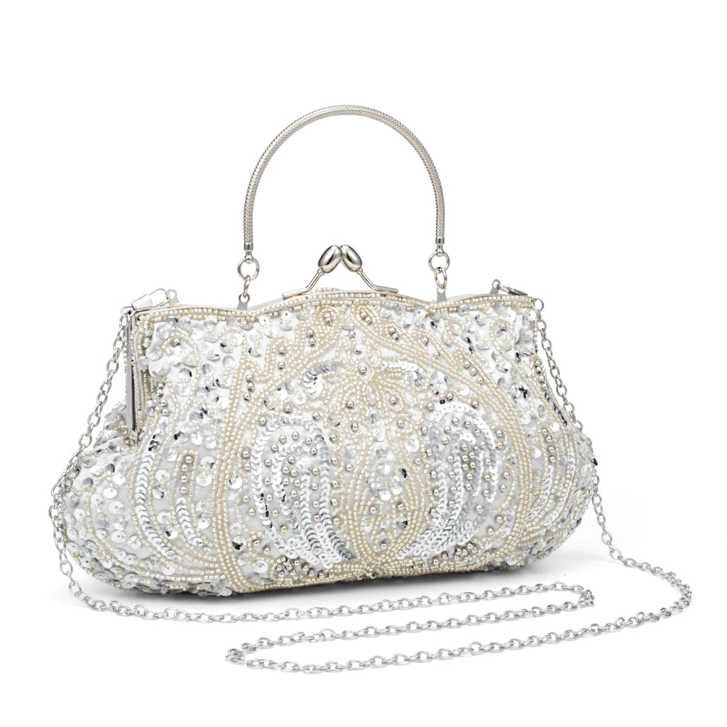 Retro Evening Bags For Women Clutch Bag Embroidered Sequins Beaded Chain Shoulder Bag For Dress Banquet Wedding Handbag Purse