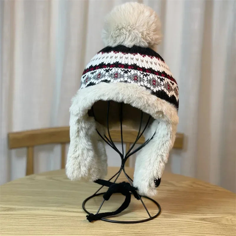 Winter Hat Women Warm Bomber  With Earflap Brand Cute Pom Fuzzy Peruvian  Ear-flapped