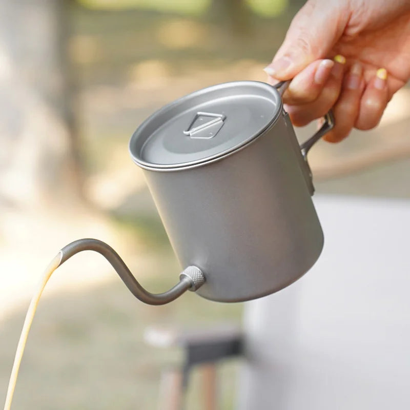 380ml Titanium Pour Over Coffee Kettle, Gooseneck Spout with Folding Handle, Lightweight Portable for Camping Hiking Travel
