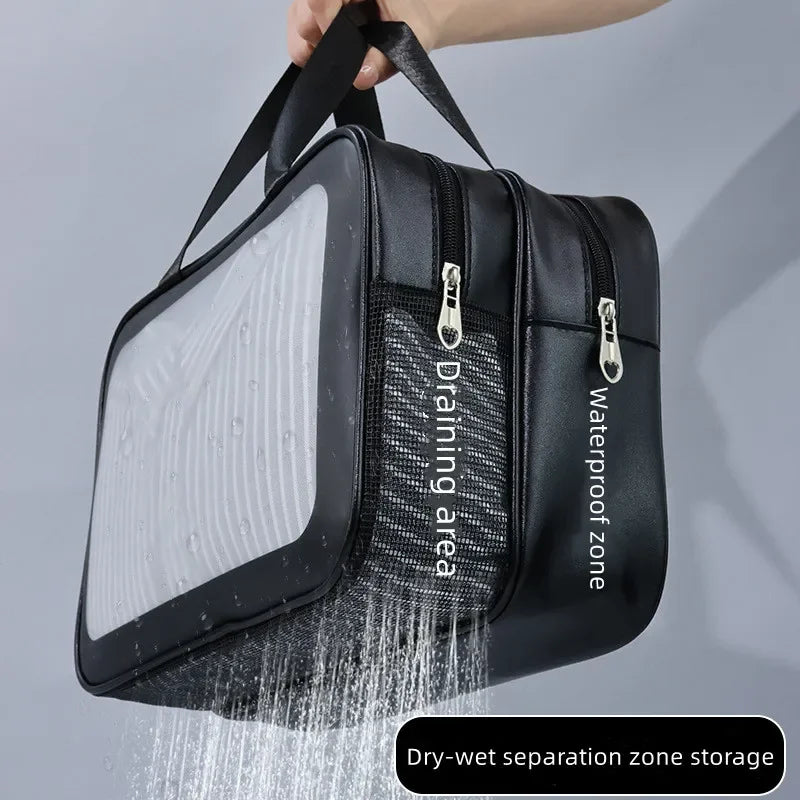 2025 New Double Transparent Dry-Wet Separation Bag - PU Makeup Pouch, Portable for Travel, Fitness & Swimming Essentials