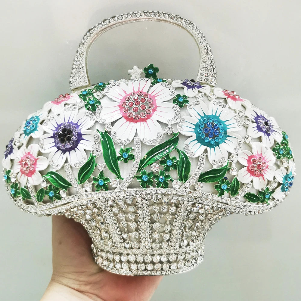 WHTUOHENG Women's Rhinestone Embellished Flower Leaves Basket Clutch Bag Luxury Diamond Evening Purse Crystal Bridal Handbag