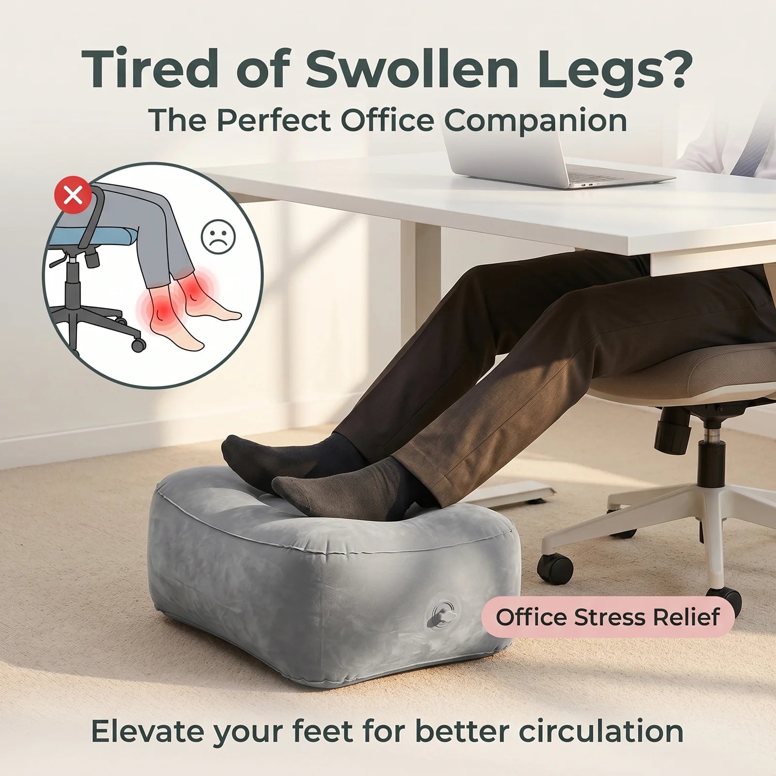Inflatable PVC Footrest Pillow Air Cushion for Travel Office Home Leg up Relaxing Foot Rest under Desk Support