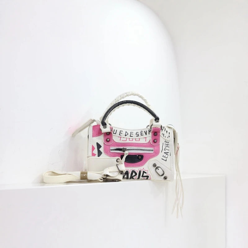 Women Casual Single Shoulder Moto Bag Niche Graffiti Microfiber PU Retro Large Fashion Hand Purse