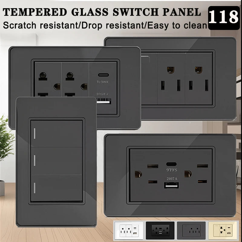 118*75mm Tempered Glass Socket US Wall Socket Grey Thai USB Socket Plug with Dual USB Type-C Ports,Light Switch 110V