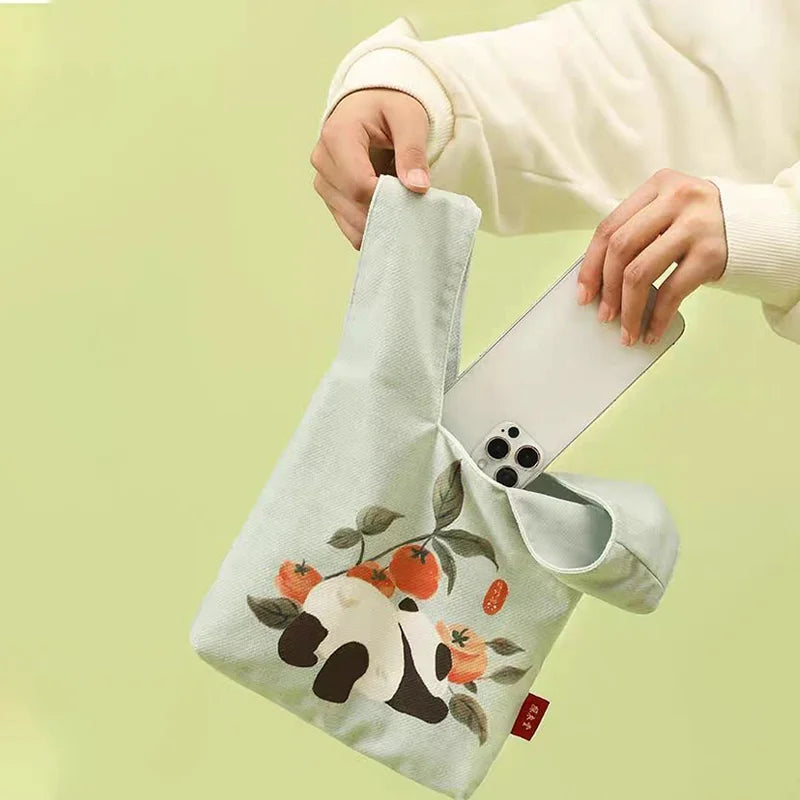 Cute Panda Persimmon Knot Wrist Bag, Canvas Tote Bag, Mini Handbag for Daily Use, Eco-Friendly Reusable