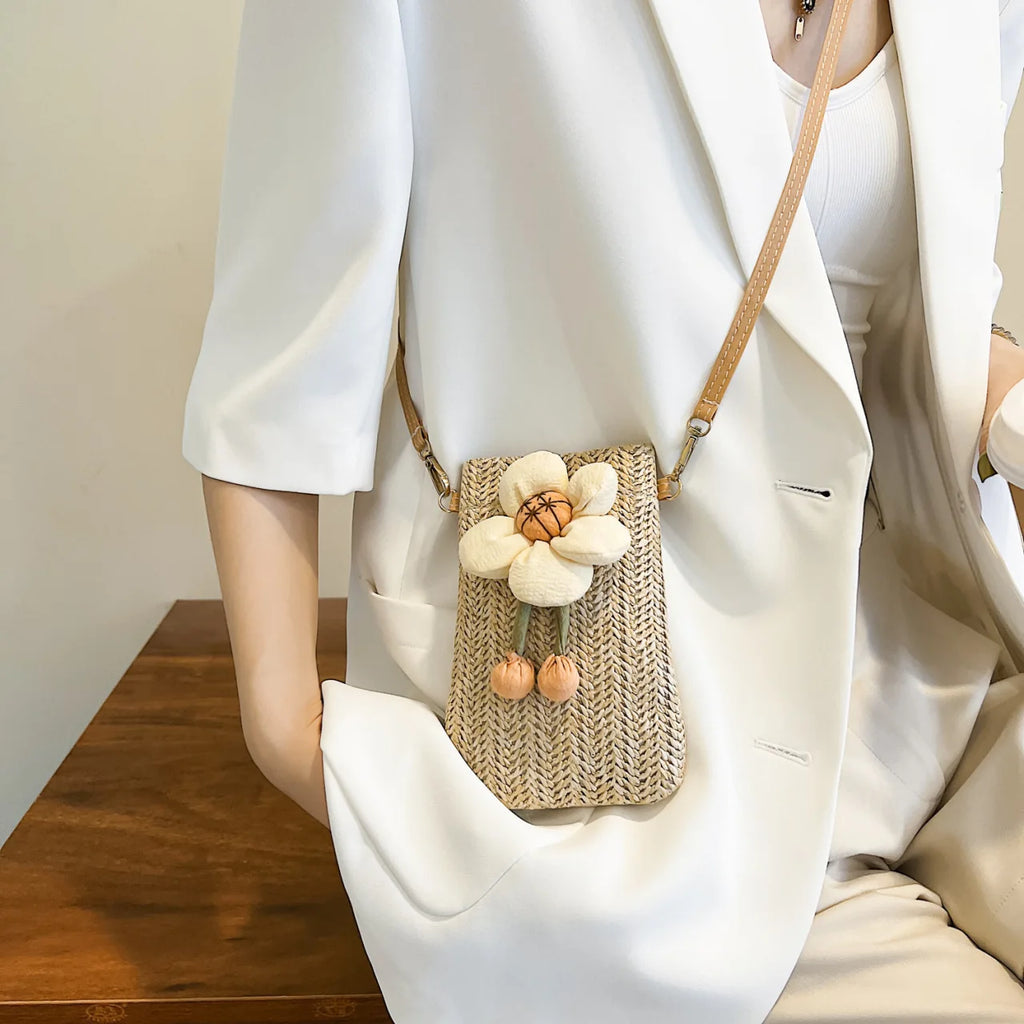 Mobile bag, summer woven bag, fashionable mini crossbody bag, outdoor beach bag, casual trendy single shoulder bag