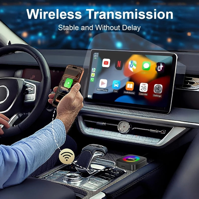 Magic Video Box, wireless CarPlay adapter, supports Netflix and YouTube streaming, plug-and-play, equipped with a TF card slot, compatible with Apple CarPlay and Android Auto video entertainment, in-car audio accessory, batte