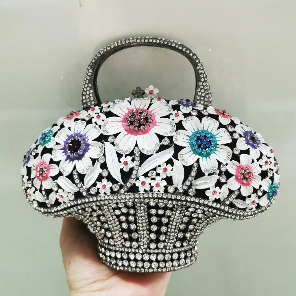 WHTUOHENG Women's Rhinestone Embellished Flower Leaves Basket Clutch Bag Luxury Diamond Evening Purse Crystal Bridal Handbag