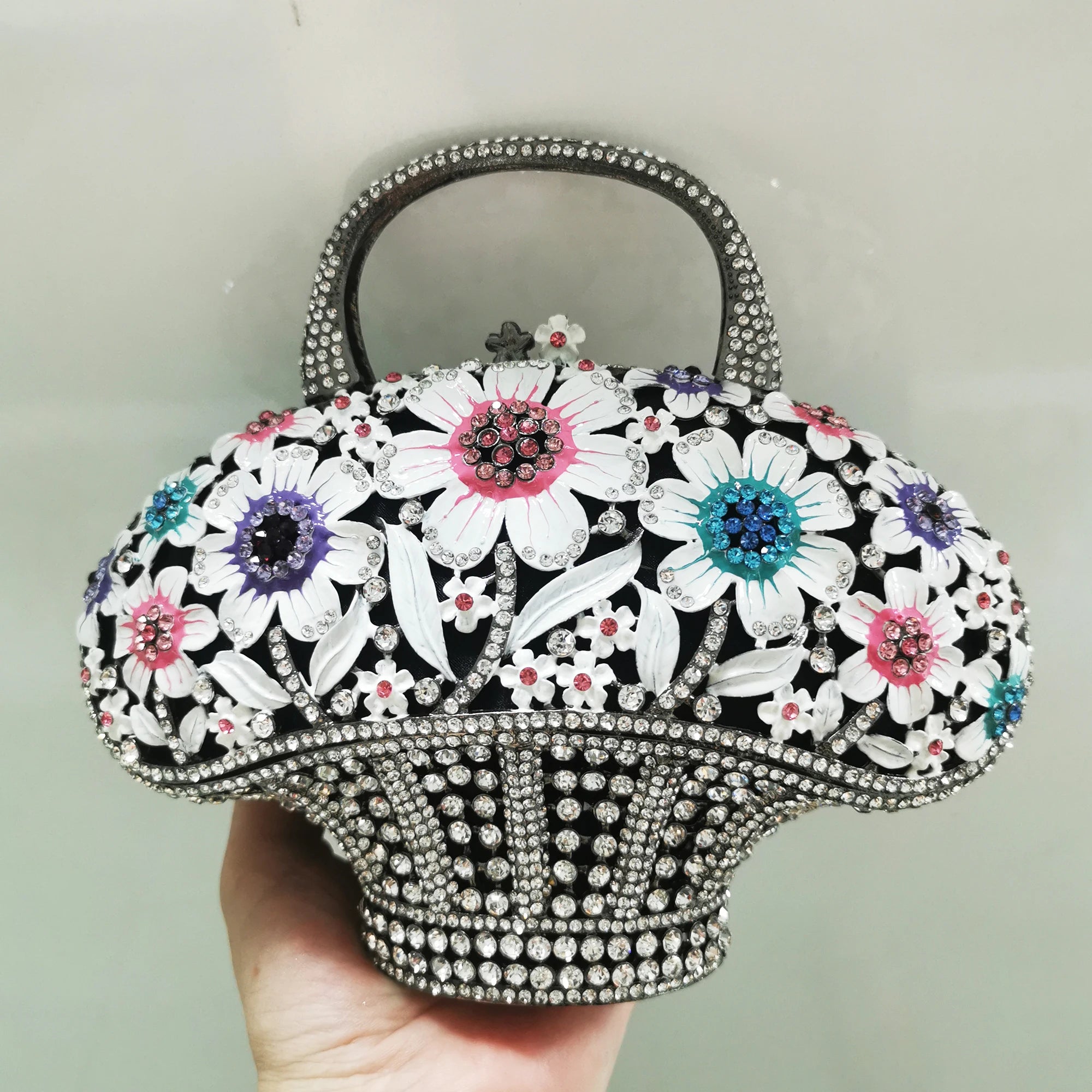 WHTUOHENG Women's Rhinestone Embellished Flower Leaves Basket Clutch Bag Luxury Diamond Evening Purse Crystal Bridal Handbag
