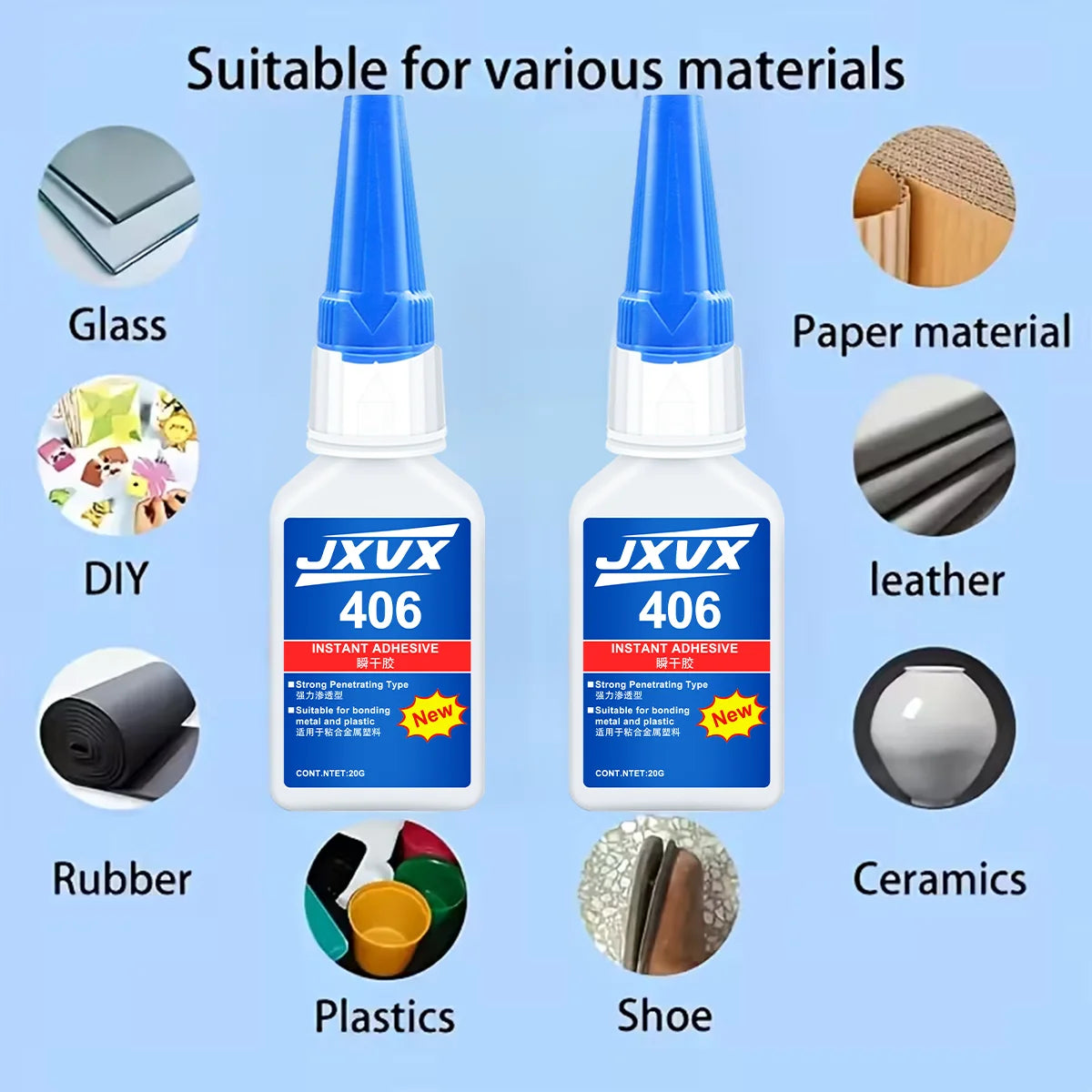 Loolifl 406 Instant Glue, Cyanoacrylate, Super Glue, 5 Seconds Quick Drying, for Metal, Plastic, Rubber, Glass, Toys, Shoes, Paper, Quick Repair, Not Easy to Whiten