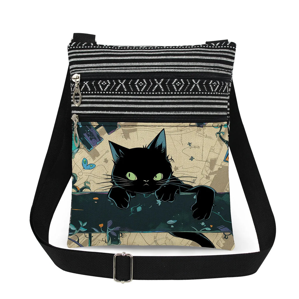Cute Cartoon Black Cat Print Crossbody Bags Shoulder Bags For Women Daily Travel Portable Small Messenger Bags Catkeeper Gift