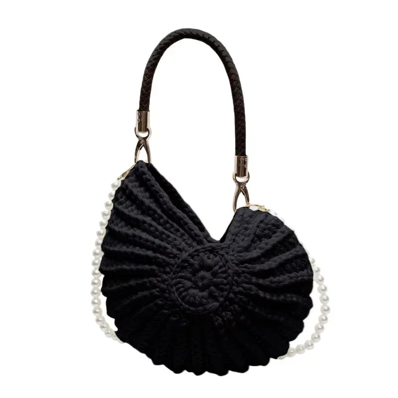 Creative Candy Color Conch Bag For Women Crochet Shoulder Bags Funny Cute Pearls Chains Handmade Weave Crossbody Hobo Shell Bag