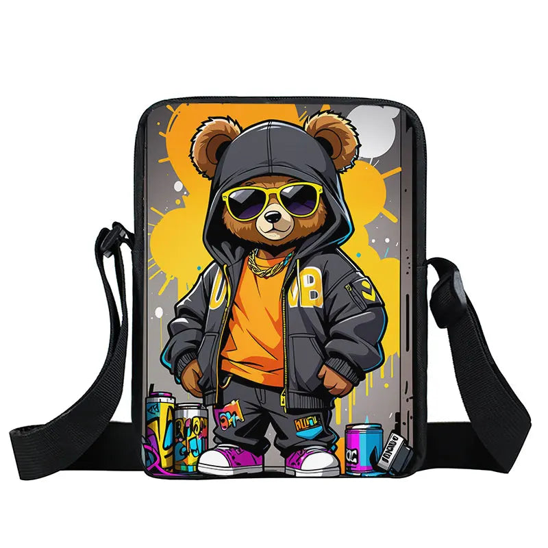 Cute Graffiti Bear Print Crossbody Bags Teenager Boy Girls Women Shoulder Bag Phone Keys Portable Card Storage Bags Gift
