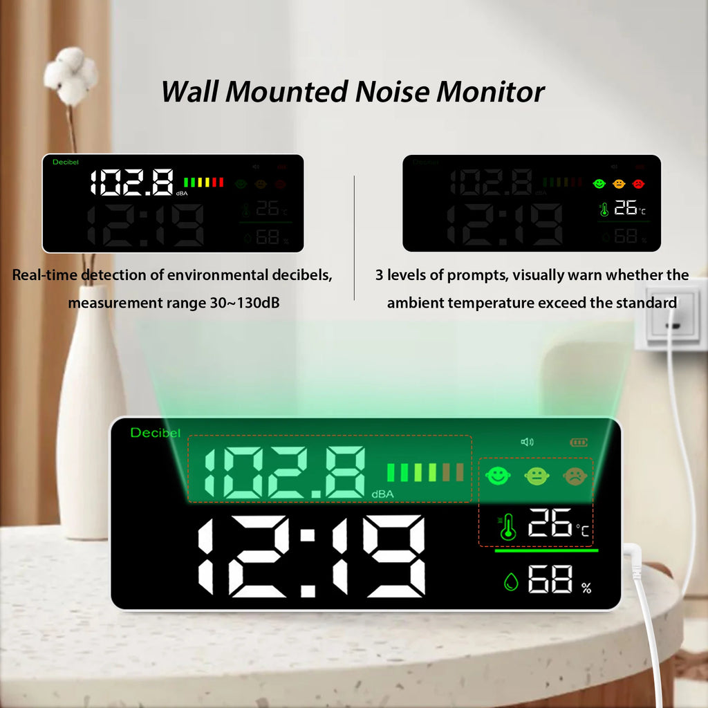 Noise dB Meter 30 - 130dB Range Precise Decibel Meter Temperature Humidity  Monitor, Large LED Screen  Adjustable Brightness