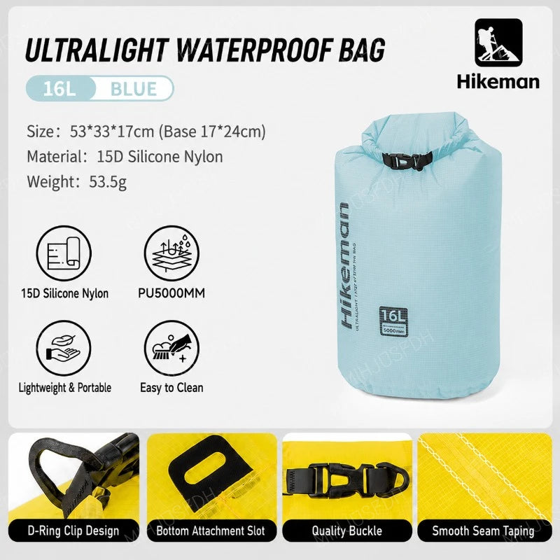 HIKEMAN Ultralight Waterproof Dry Bag Outdoor Storage Sack 15D Silicone Nylon 6L 10L 16L for Camping Hiking Travel and Swimming
