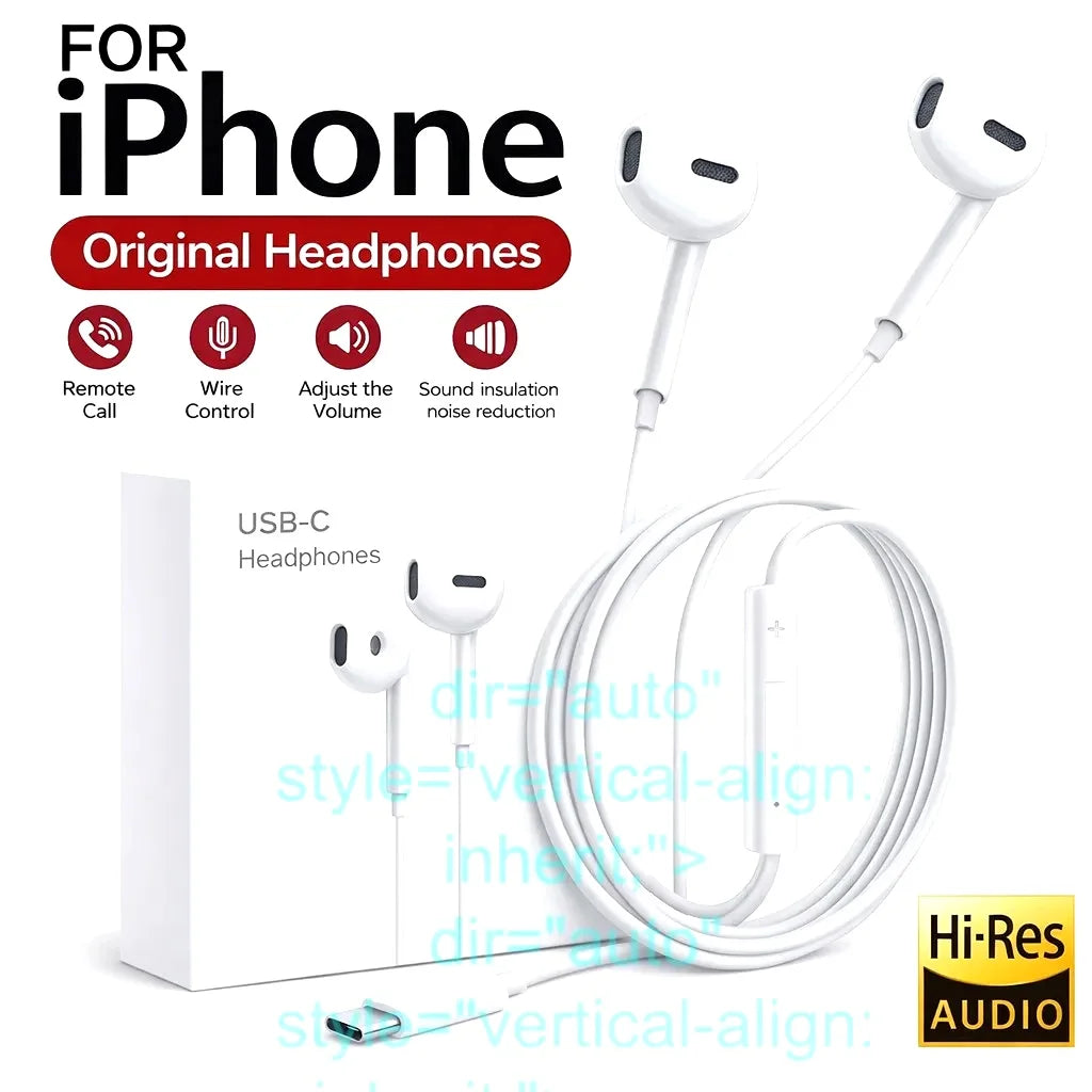 Original In-Ear Headphones For Apple iPad iPhone 15 17 14 13 12 11 16 Pro Max Plus Type C Wired Earphones Laptops Tablet Earbuds