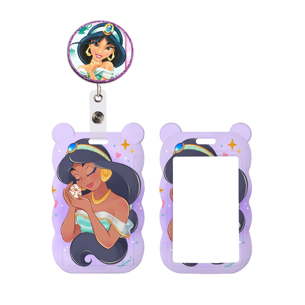 Disney Jasmine Princess Irregular Head Shape Badge Holder Lanyard Keys Chain ID Credit Card Cover Bus Card Holder Glitter Charms