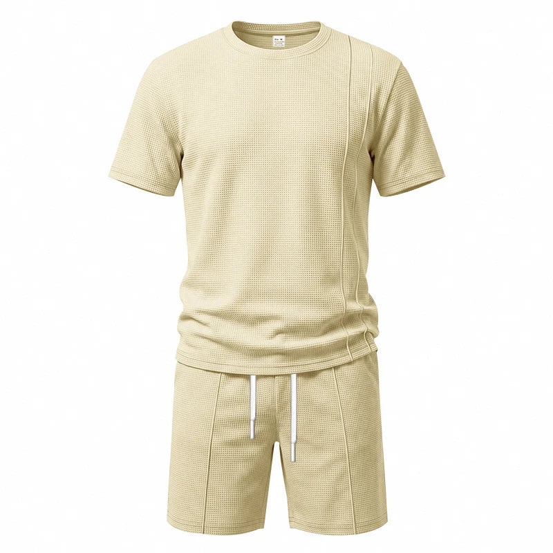 2026 New Men Waffle Knit 2 Piece Outfit Round Neck Short Sleeve Tee Drawstring Shorts Summer Casual Matching Set
