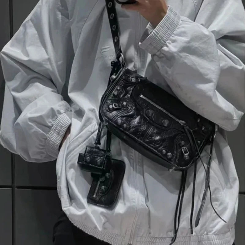 Unisex Oil Wax Leather Motorcycle Crossbody Bag Cowhide Rivet Flip Cover Street Style Soft Square Shape Shoulder Bag for Men...