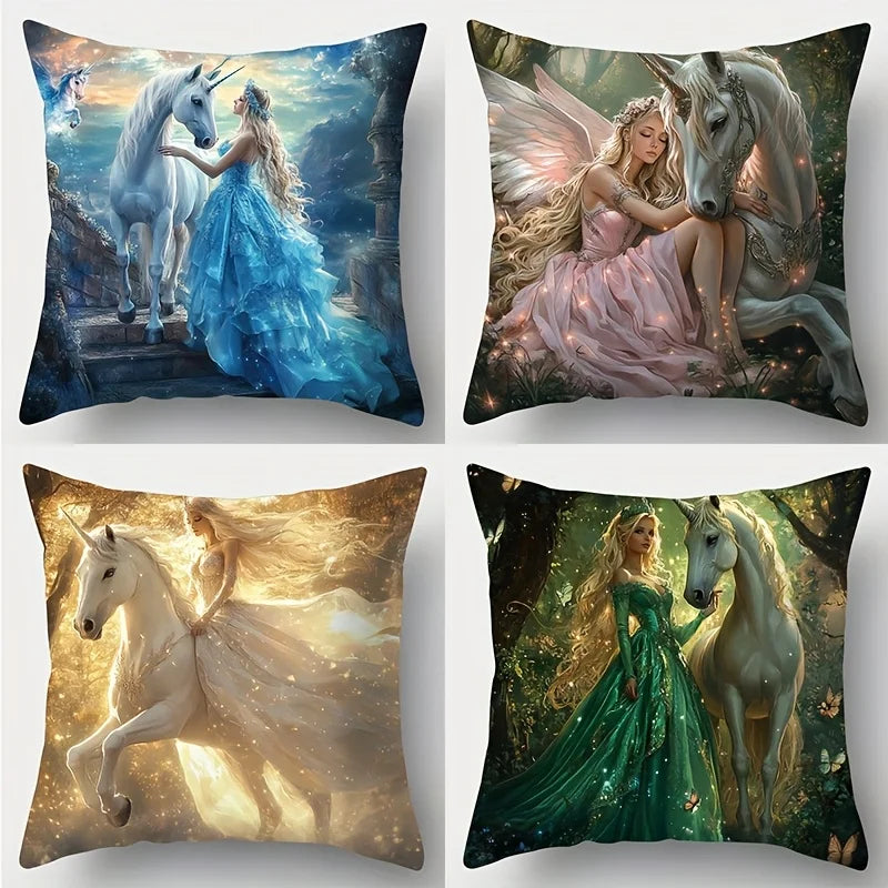 4PCS Girls & Princess Pillow Cases: Dreamy Art Style, Romantic. Polyester, Machine Washable, Zipper.For Living Room, Sofa Decor
