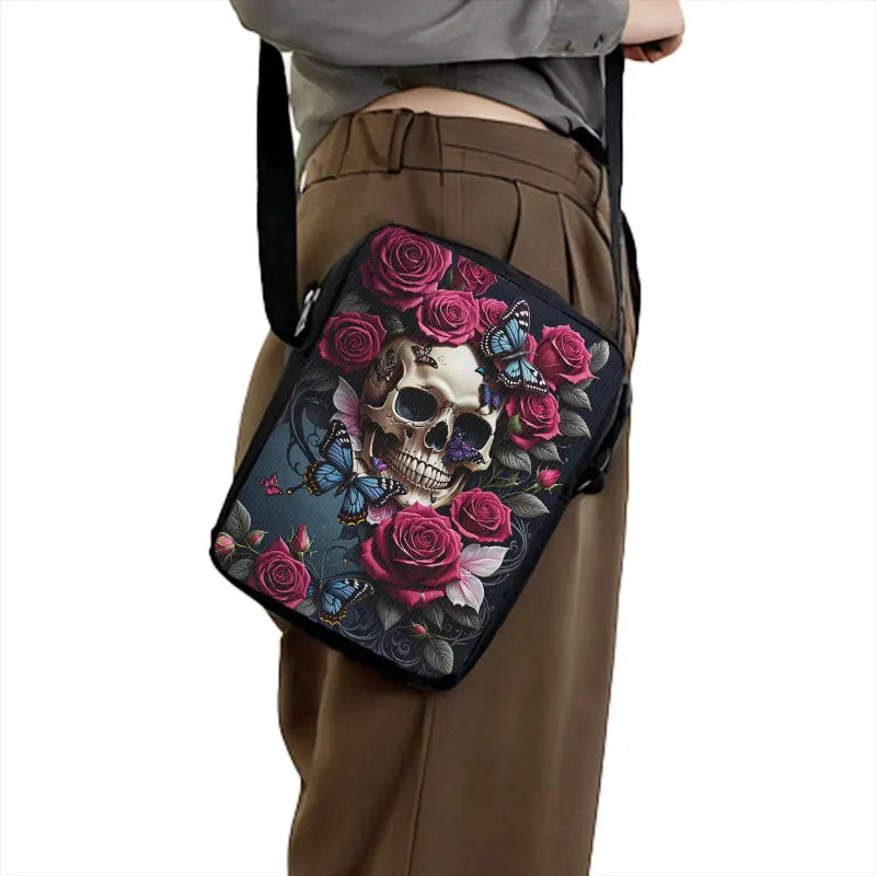 Skull Rose Butterfly Print Crossbody Bag Women Shoulder Bags for Travel Handbags Phone Holder Student Messenger Bags Gift