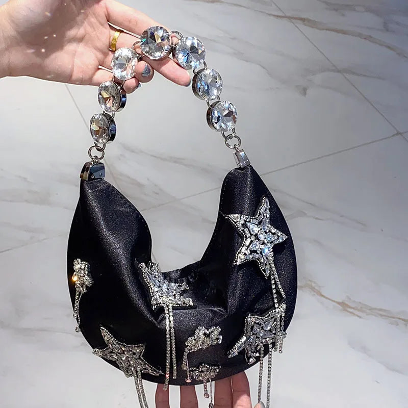Women Silk Handbag Diamond Bucket Bag StarTassel Evening Bag Shoulder Bag Hobo Bag Party Purse Female Clutches Bolsos