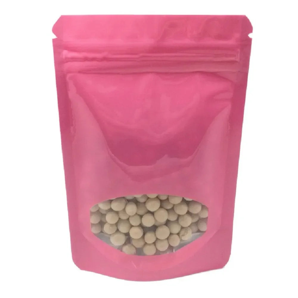 100Pcs Glossy Colors Aluminum Foil Stand Up Zip Lock Pouches with Clear Window Plastic Packaging Bag Gift Snacks Beans
