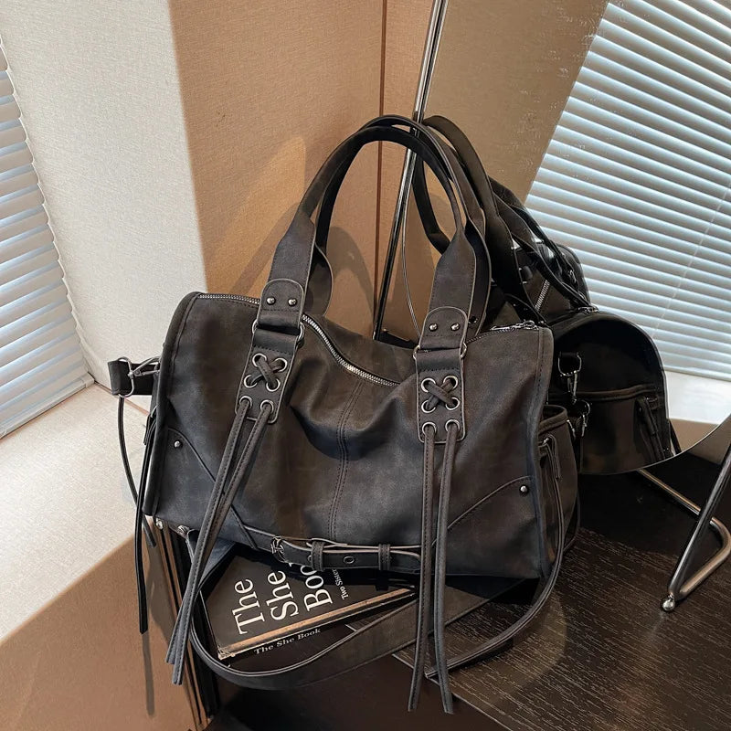 Women's Vintage Faux Leather Tote Bag, Large Capacity Crossbody Shoulder Purse with Lace-Up Detail, Casual Streetwear Use