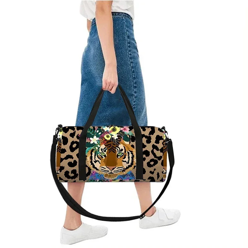 Leopard Tiger Large Capacity Luggage Bag for Boy and Girls Best Gifts 2D Cartoon Travel Duffels Outdoor Fitness Bag for Children