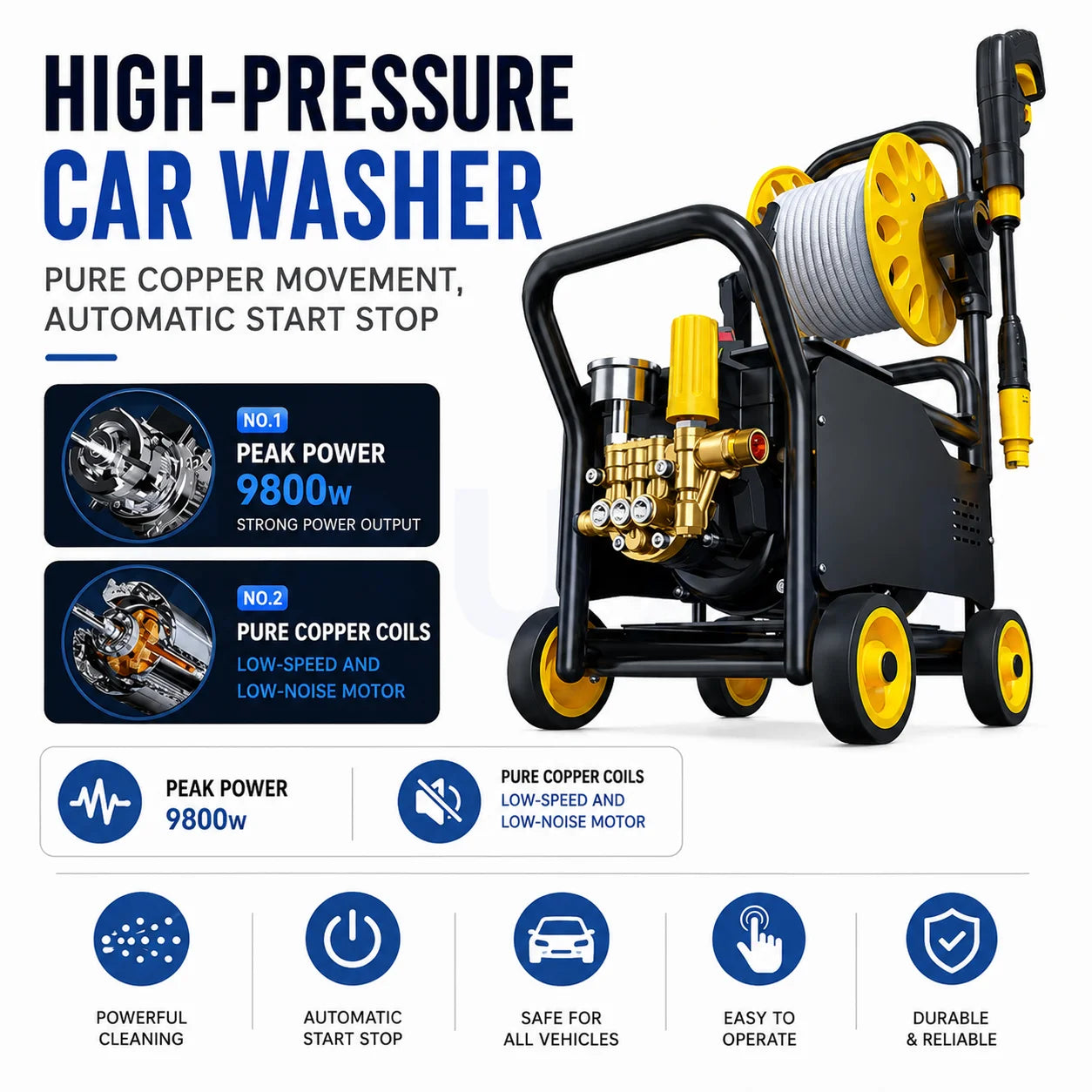 High Power 220V High Pressure Car Washer Trolley Portable Booster Cleaning Machine For Home Yard Commercial Car Wash Shops farms