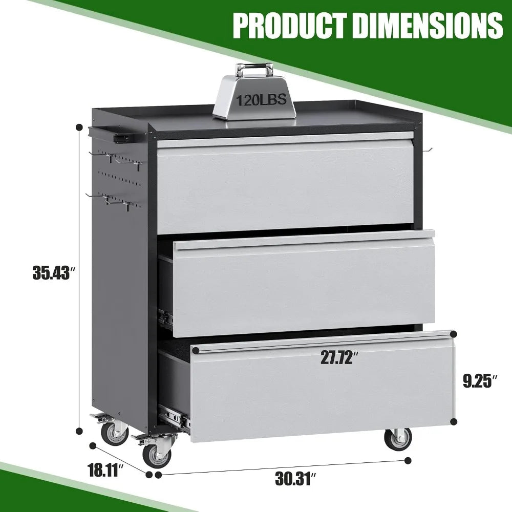 Metal Rolling Storage Cabinet with Drawers and Pegboards for Workshop, 18.11D x 30.3W x 35.4H Inches