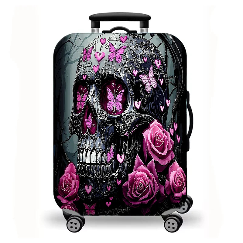 Luggage Cover, Gothic Skull Rose Print Stretch Suitcase Protector, Dark Halloween Horror Art Design for Travel