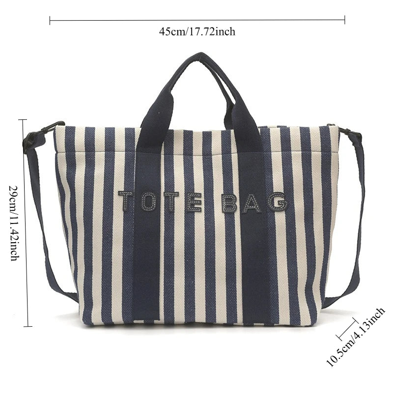 Fashion Striped Contrasting Tote Bag Large Capacity Casual Canvas Shoulder Crossbody Bag Versatile Letter Embossed Women Handbag