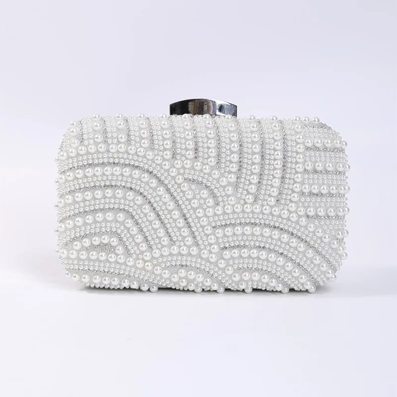 Ladies Pearl Elegant Evening Bag Fashionable Stylish Beading Wedding Dinner Party Banquet Dress Clutch Bag with Long Chain