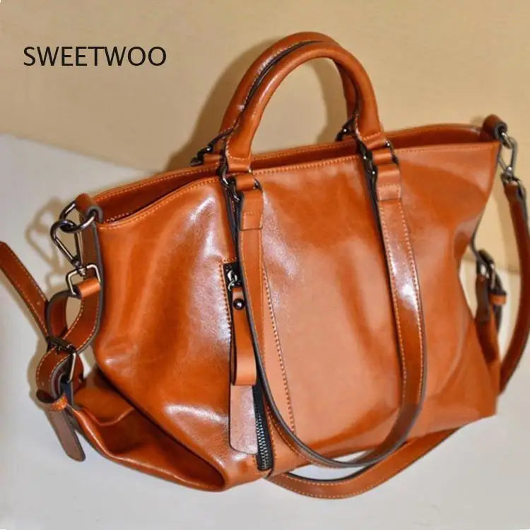 Womens Vintage Oil Wax Leather Tote Bag Large Capacity Top Handle Crossbody Handbag